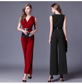 Wine red black Women Jumpsuit V-neck Long wide pants Overalls Elegant Rompers Bow Playsuit Combinaison Femme