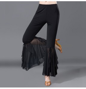 Women black Long Pants Dancing Trousers Wide Leg Mid Waist Lace  Solid Dance Comfy Elastic Boho Flare Pants
