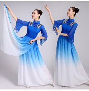 Women Royal blue Chinese Yangko Dance Costume Chinese Classic Fan Stage Dance Clothing Female Chinese Folk Dance Dress 