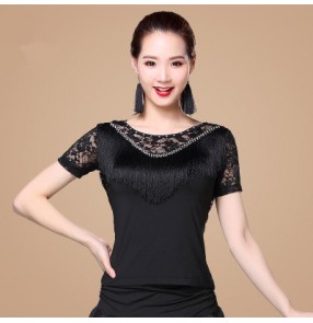 Women's adult red and black patchwork ruffles  Lace salsa latin ballroom dance top