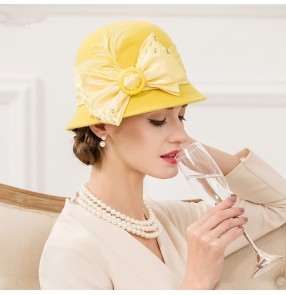 Women's girls ladies yellow vintage England style 100% wool high quality bucket hats fedoras wedding party bridal hats