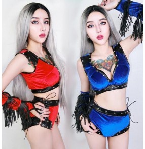 Women's red royal blue velvet hip hop fashion sexy Lead dancers outfit jacket night club clothing set female singer ds jazz dance costume