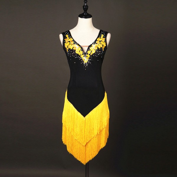 Yellow Black Rhinestones Latin Dance Dresses Women Fringes Long Skirt Ballroom Tango Rumba