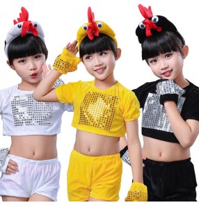 Yellow black white velvet sequins patchwork girls boys cartoon animal chicken cosplay performance dance costumes outfits