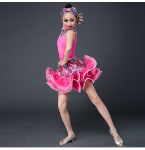 Yellow fuchsia hot pink floral printed fashion girls kids children competition performance exercises latin dance dresses