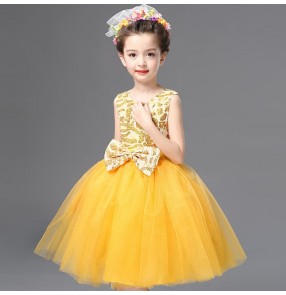 Yellow gold purple pink fuchsia royal blue sequins girls school performance jazz singers chorus dancing dresses outfits