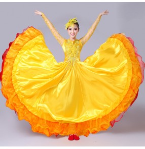 Yellow gold red fuchsia hot pink long sleeves women's ladies flamenco Spanish bull dance folk ballroom dance dresses costumes 