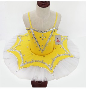 Yellow gold white patchwork plate  girls kids tutu skirt performance competition pancake  ballet dance leotards dresses