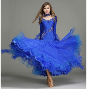 Yellow green royal blue fuchsia light pink red rhinestones competition performance women's tango waltz ballroom dance dresses 