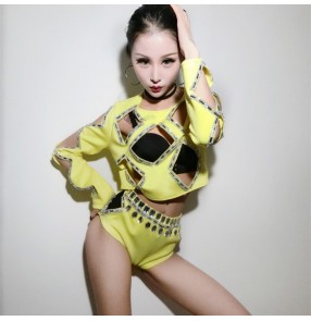 Yellow hollow tops women's ladies performance fashion jazz singers night club cheer leaders hip hop dance costumes