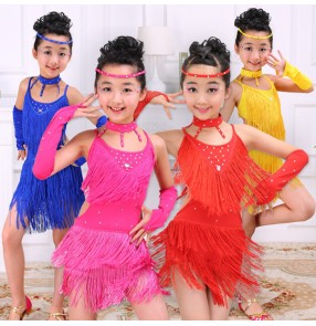 Yellow royal blue hot pink fuchsia red rhinestones fringes competition exercises girls latin dance dresses