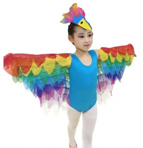 Yellow turquoise fuchsia hot pink rainbow wings parrot birds cosplay fairy princess girls children toddlers modern dance dresses outfits 