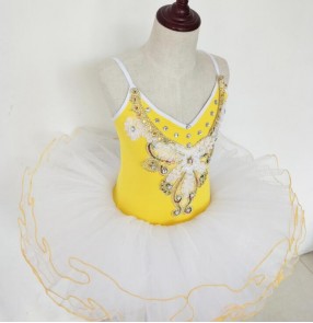 Yellow white embroidery pattern tutu skirt girls kids children pancake plate rehearsal performance ballet dresses