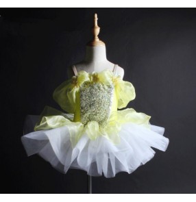 Yellow white purple violet light pink sequins off shoulder leotards girls kids performance competition ballet dance dresses