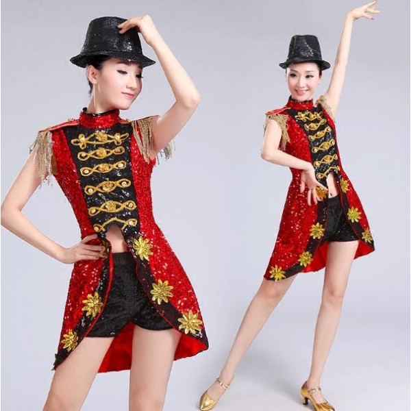 Black red patchwork sequined girls women's performance modern dance ...