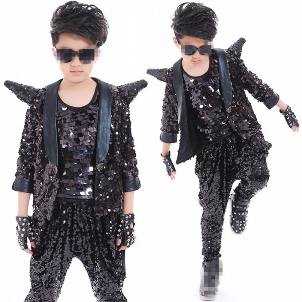 Fashion Children Black Sequined Jazz Dance Clothing Boys Street Dance Hip Hop Dance Costumes Kids Performance Clothes Sets