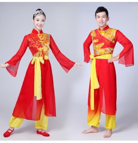 Ancient Traditional red gold dragon Embroidery men Women Chinese Folk Dance Costume Chinese drummer Fan Dance costumes