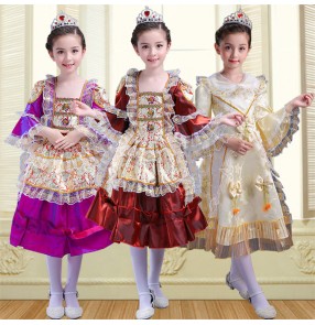 Beige light yellow purple wine satin girl's children kids European palace classical Russian French princess party folk photos film cosplay dance dresses 