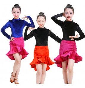 Black and red royal blue fuchsia velvet Kid Girls Latin Dance Dress Costumes Child Long Sleeve Ballroom Dance Costume Latin Dance Dress