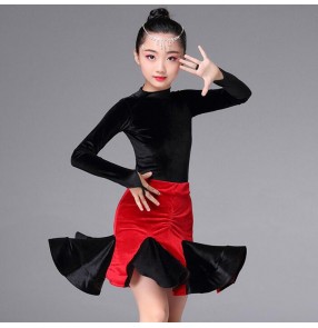 Black and red velvet Girl Long Sleeves Latin Dance Dress Children Ballroom Dance Dresses Kids Salsa Rumba Cha Cha Samba Tango Dress