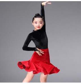 Black and red velvet Girls Kids Children Modern Latin Dance Dresses Salsa Tango Dance Wear Black Performance Stage Wear