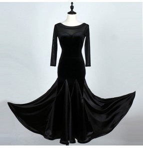 Black Ballroom dance costumes sexy senior long sleeves velvet ballroom dance dress for women ballroom dance competition dresses