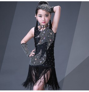 Black Girl competition rhinestones tassels Latin Dance Dress Children Ballroom Dance Dresses Kids Salsa Rumba Cha Cha Samba Tango Dress