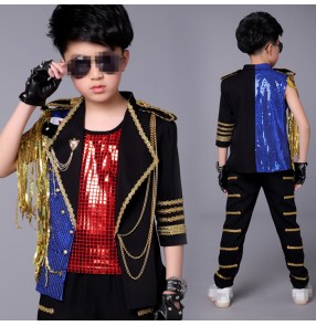 Black gold blue Boys Sequin singers dancers Jazz Hip Hop Dance Competition performance Costumes Set Tops Pants vests Dancing Clothes Outfits