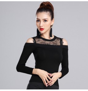 Black Hollow back long sleeves women's ladies v women's ladies  performance competition ballroom latin dance tops shirts