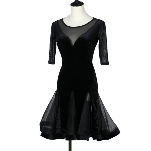 Latin Dance Dresses Black Latin Dance Dress Women Short Sleeves Velvet Salsa Samba Ballroom 