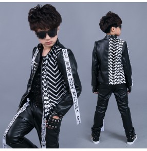 Black leather fashion sequined boy's kids children jazz singers hip hop performance show competition drummer dance outfits jacket t shirt and pants