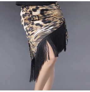 Black leopard fringes Latin Skirt Salsa/Rumba Dancing Women Dance Skirt Square Dance with lining shorts falda latina