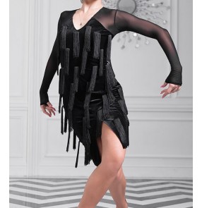 Black leopard velvet competition latin dance dress fringe women latin dress dancing clothes Dancewear dress latina salsa latin dance costumes