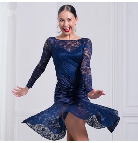 Black navy Latin dance costume sexy lace Long sleeves tassel latin dance dress for women competition latin dance costume dresses 