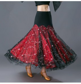 Black red embroidery pattern flowers fashion women'e female competition performance waltz tango ballroom dancing skirts