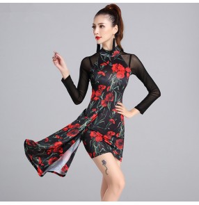 black Red flowers backless latin dance dress women latin dress dancing clothes Dancewear dress latina salsa latin dance costumes