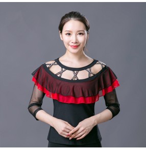 Black red patchwork rhinestones hollow front competition long sleeves women's female performance ballroom latin dance tops blouses