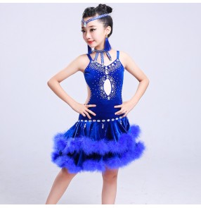 Black red royal blue white velvet fur backless competition rhinestones performance latin salsa cha cha dance dresses outfits