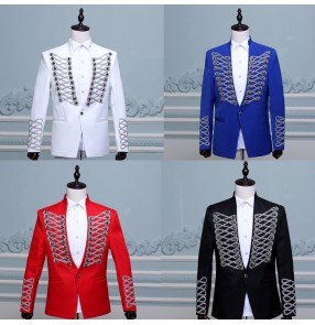 Black red white royal blue England style competition host photos men's model show performance jazz singers dancers jacket coats