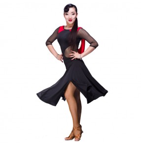 black red yellow leopard see through back latin dance dress fringe women long sleeves latin dress dancing  Dancewear dress latina salsa latin dance costumes