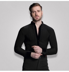 Black royal blue white Stage Competition Performance  Shirt Long Sleeve Ballroom Dance Costumes Men leotards Shirt Latin Modern Dance Clothing