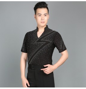 Black short sleeves rhinestones Waltz Latin Dance Top Men Latin Dance Shirts Men Ballroom Dance Shirts tops