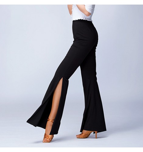 Black side split wide leg sexy fashion women's ladies female practice  competition salsa cha cha rumba latin dance pants