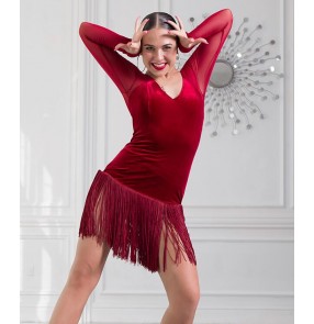 black wine velvet latin dance dress fringe women latin dress dancing clothes Dancewear dress latina salsa latin dance costumes