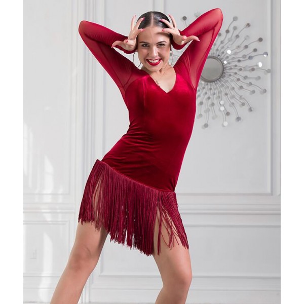 Black Wine Velvet Latin Dance Dress Fringe Women Latin Dress Dancing Clothes Dancewear Dress 