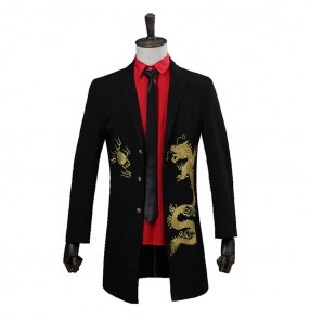 Black with gold dragon pattern men's competition stage performance cosplay rehearsal singers host groomsman singers dance tops long jackets