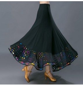 Black with rainbow polka dot hem long length women's female competition performance professional ballroom tango waltz dancing skirts