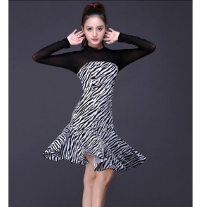 Black with zebra printed Latin dance costume sexy milk silk long sleeves  latin dance dress for women latin dance costume dresses