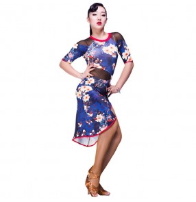 blue floral black Latin dance costume sexy milk silk half sleeves tassel latin dance dress for women latin dance dress abito latino