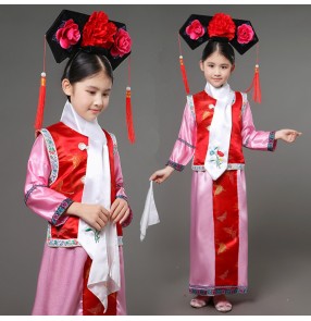 Blue pink Embroidery girl Qing Dynasty Princess film drama photos cosplay Costume children Hanfu ancient court dress for cosplay stage performance outfits